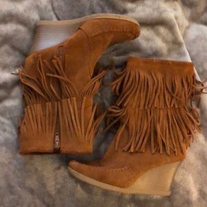 Minnetonka suede wedge booties.